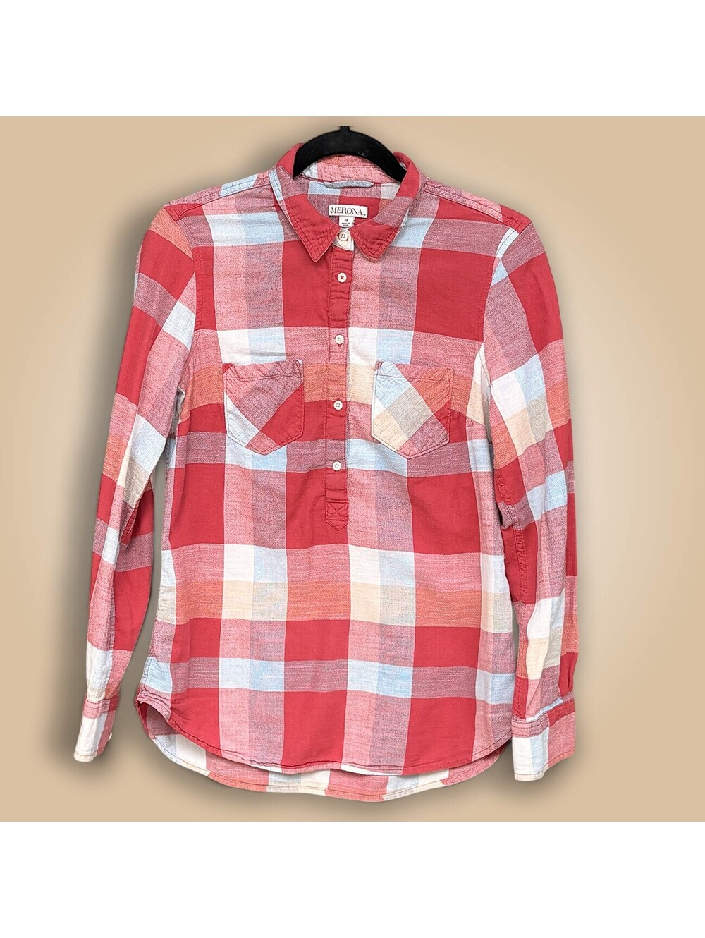 Merona Red Plaid Flannel Button-Up Shirt Cotton Sz M